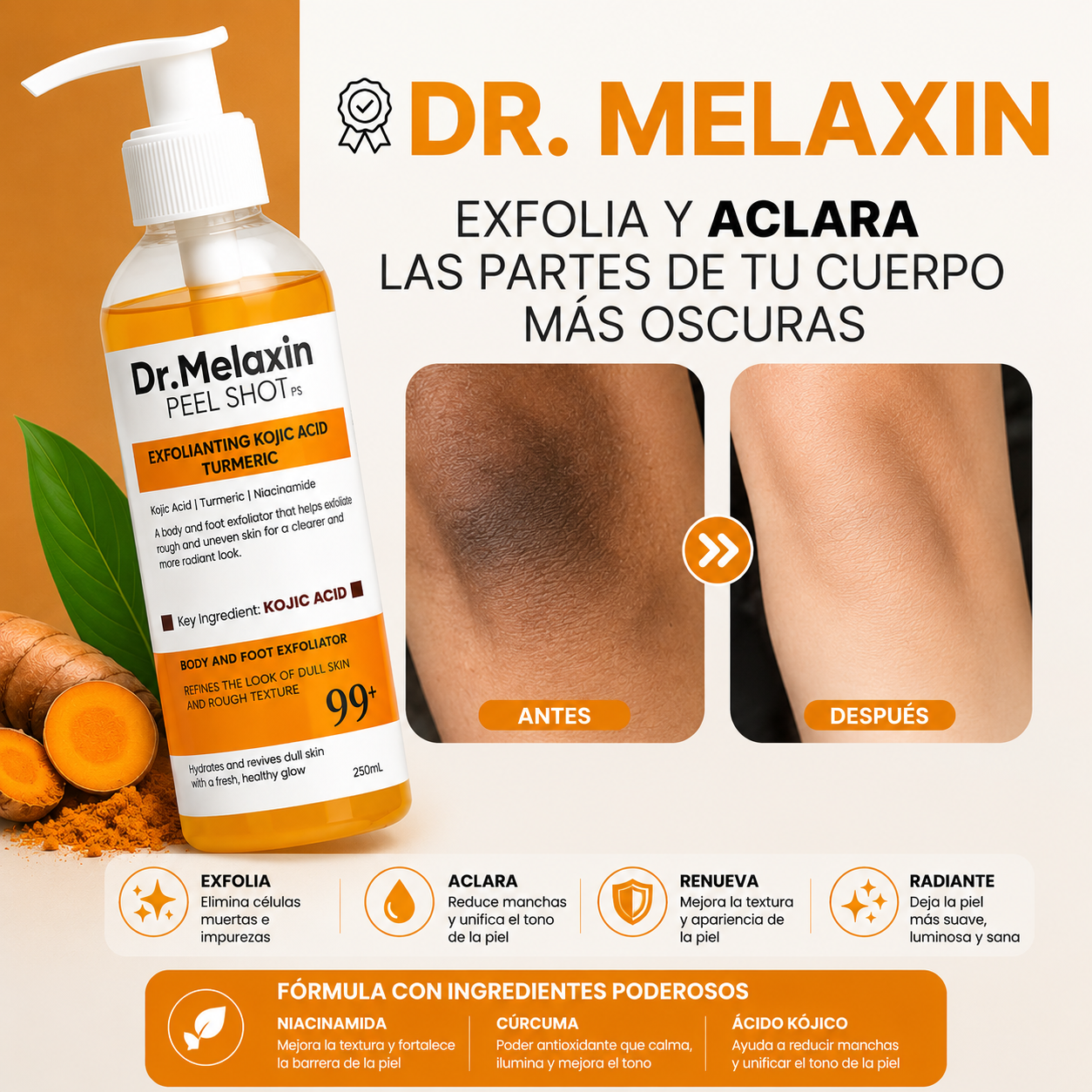 Exfoliante Melaxin - Para Aclarar Partes Oscuras - Fórmula Cúrcuma